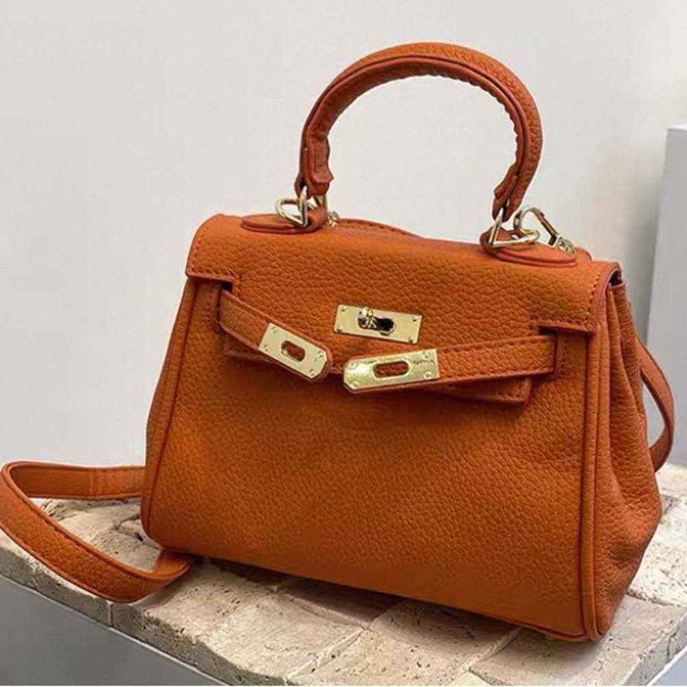 Luxurious Brown Gold Hardware Turnlock Top Handle Crossbody Evening Bag Purse